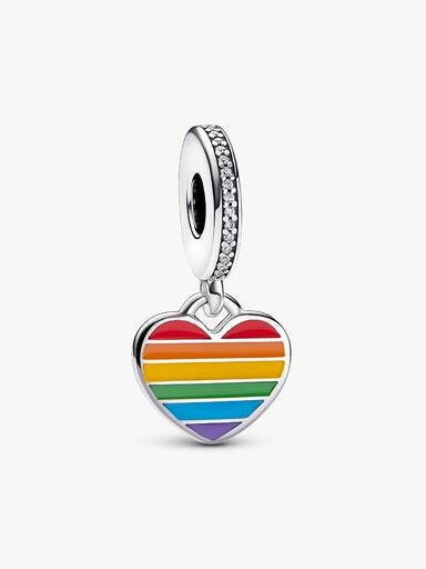 Pride rainbow heart sterling silver dangle with clear cubic zirconia, red, orange, yellow, green, blue, purple enamel