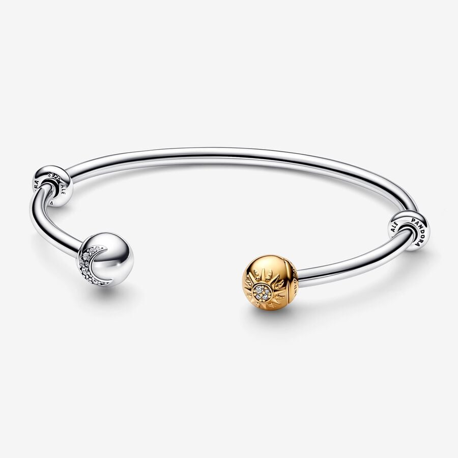 Sun and moon sterling silver and 14k gold-plated open bangle with silicone stoppers and interchangeable end cap with clear cubic zirconia image number 0