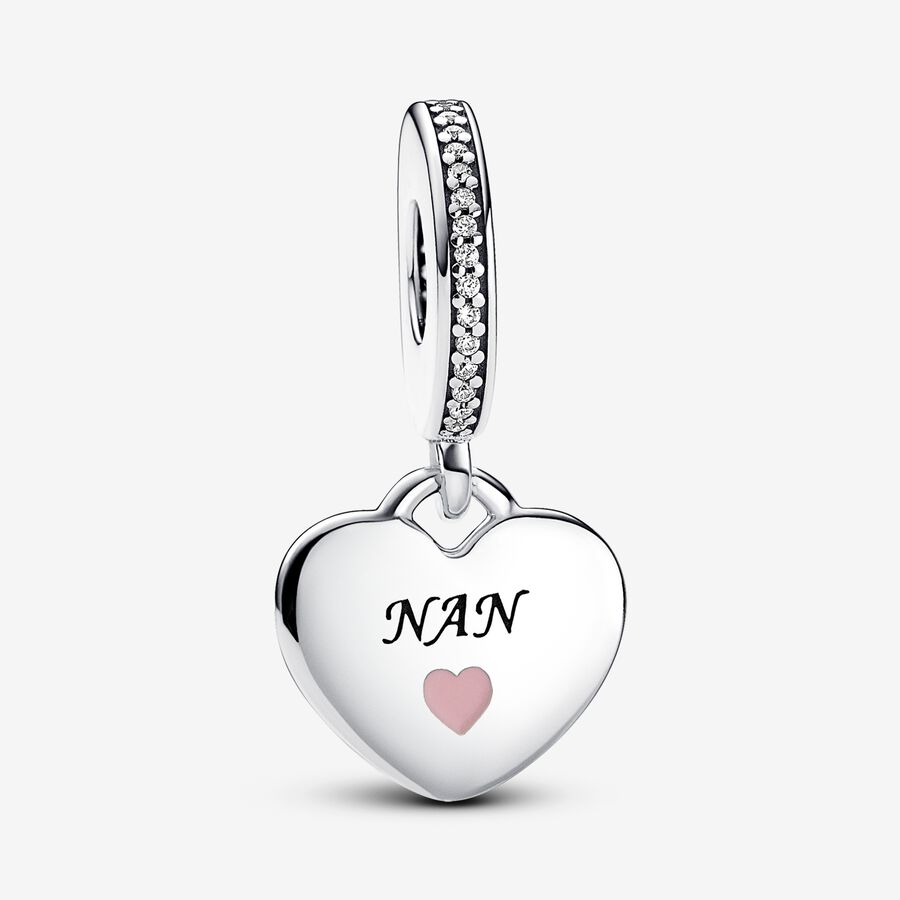 Nan heart sterling silver dangle with clear cubic zirconia and pink enamel image number 0