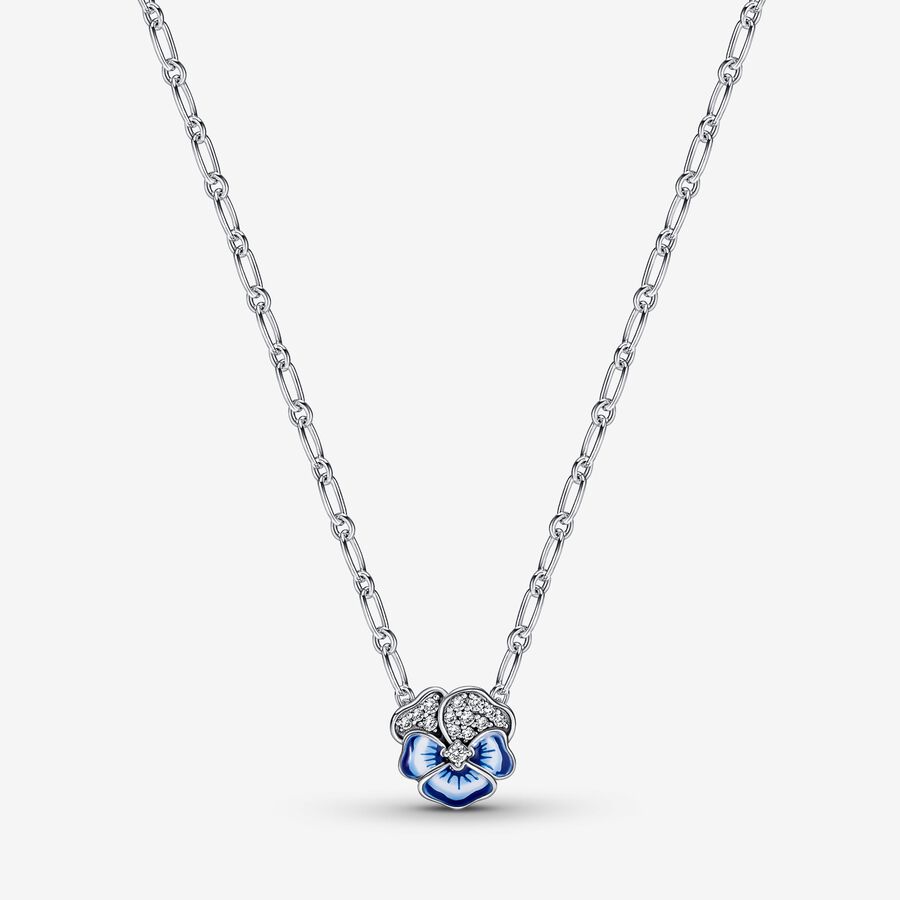 Blue Pansy Flower Pendant Necklace image number 0