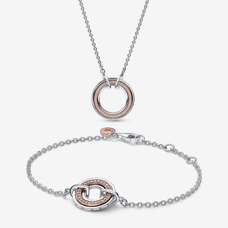 Pandora Logo Sterling Silver and 14k Rose Gold-Plated Necklace and Bracelet Set image number 0