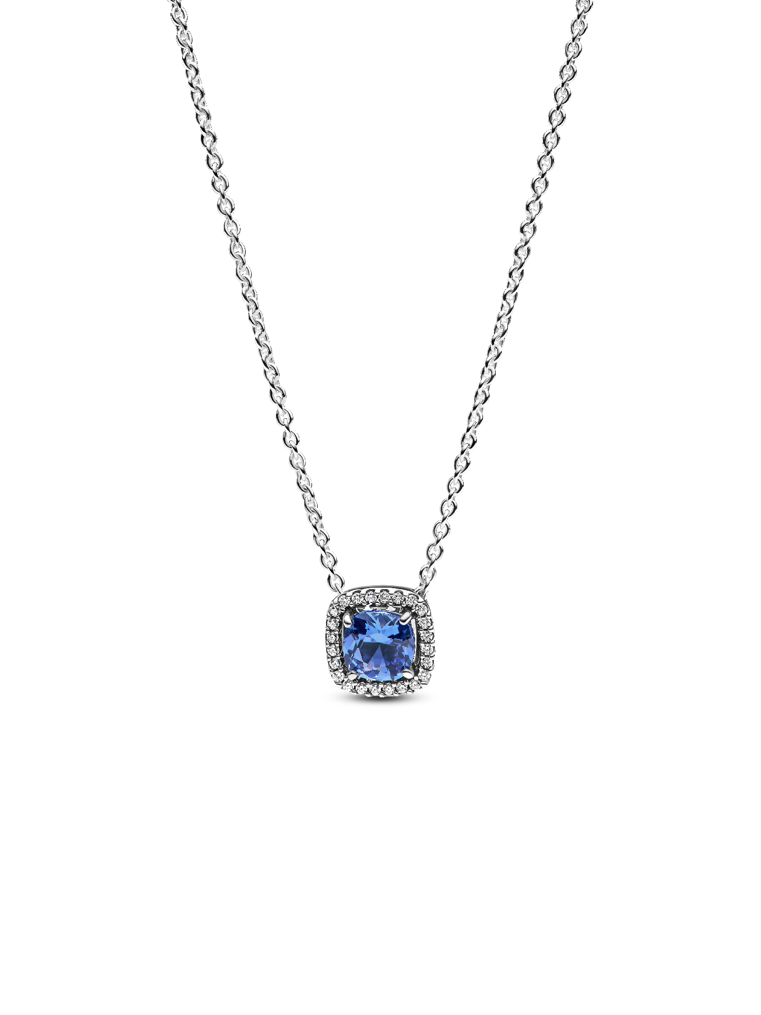 Sparkling Square Blue Halo Pendant Necklace