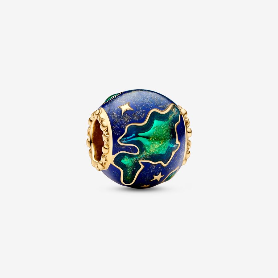Earth 14k gold-plated charm with blue, turquoise and gold glitter enamel image number 0