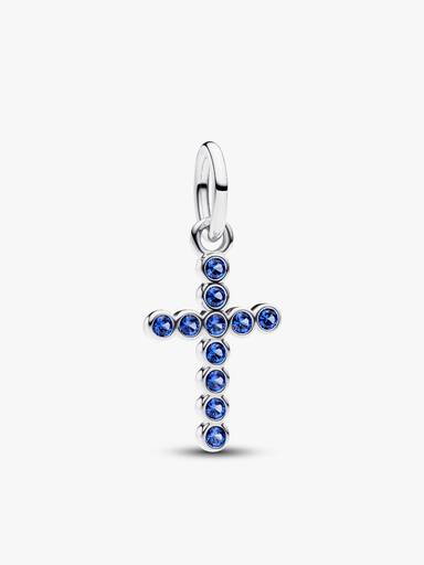 Sparkling Blue Round Bezel Cross Pendant Necklace