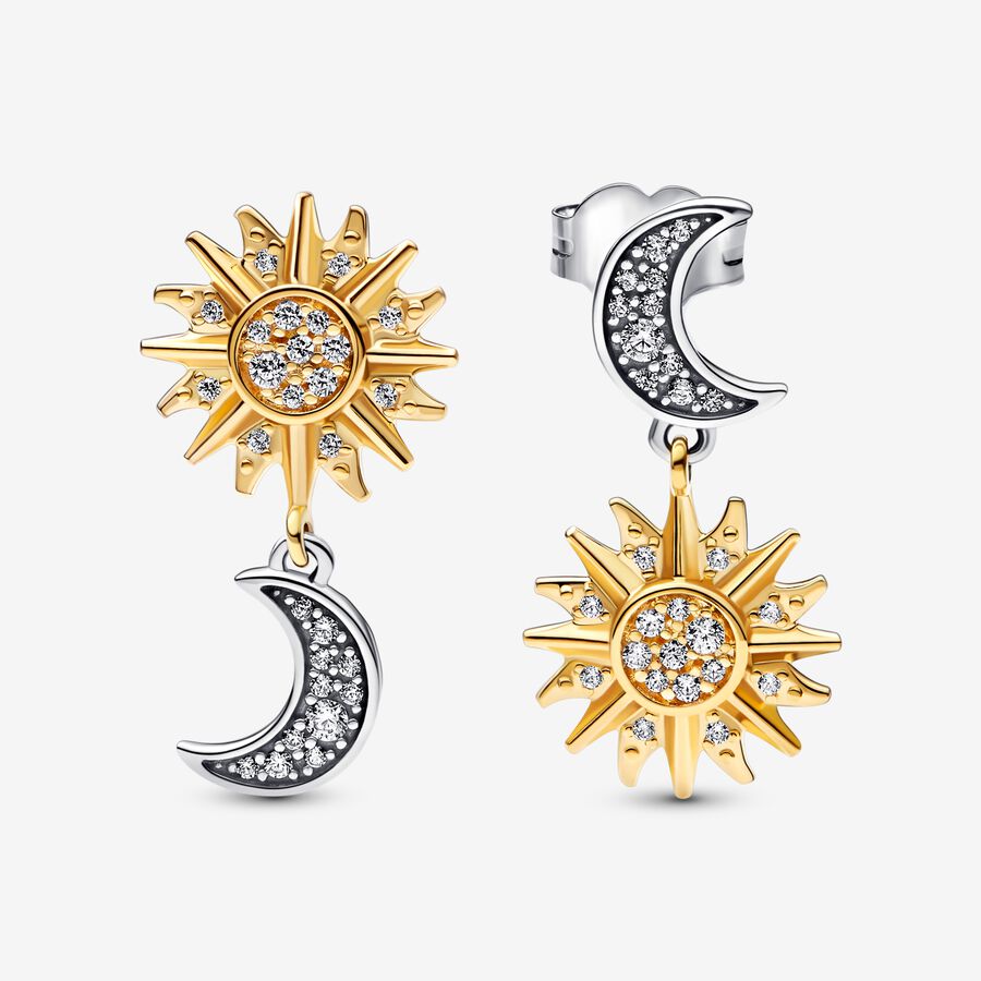 Sun and moon sterling silver and 14k gold-plated drop earrings with clear cubic zirconia image number 0