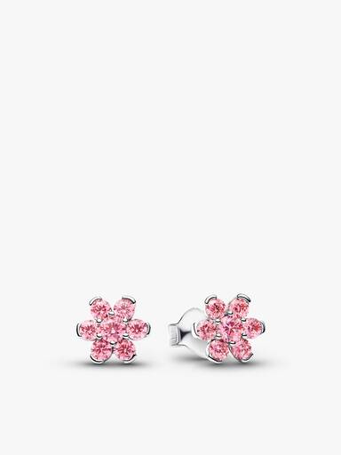 Silver Sparkling Pink Flower Necklace & Earrings Set