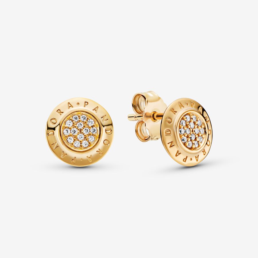 14k Gold-plated logo stud earrings with clear cubic zirconia image number 0