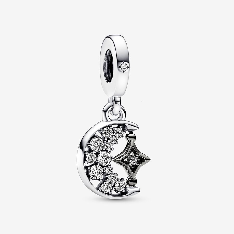 Moon and star sterling silver and ruthenium-plated dangle with clear cubic zirconia image number 0