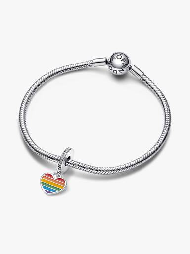 Pride rainbow heart sterling silver dangle with clear cubic zirconia, red, orange, yellow, green, blue, purple enamel