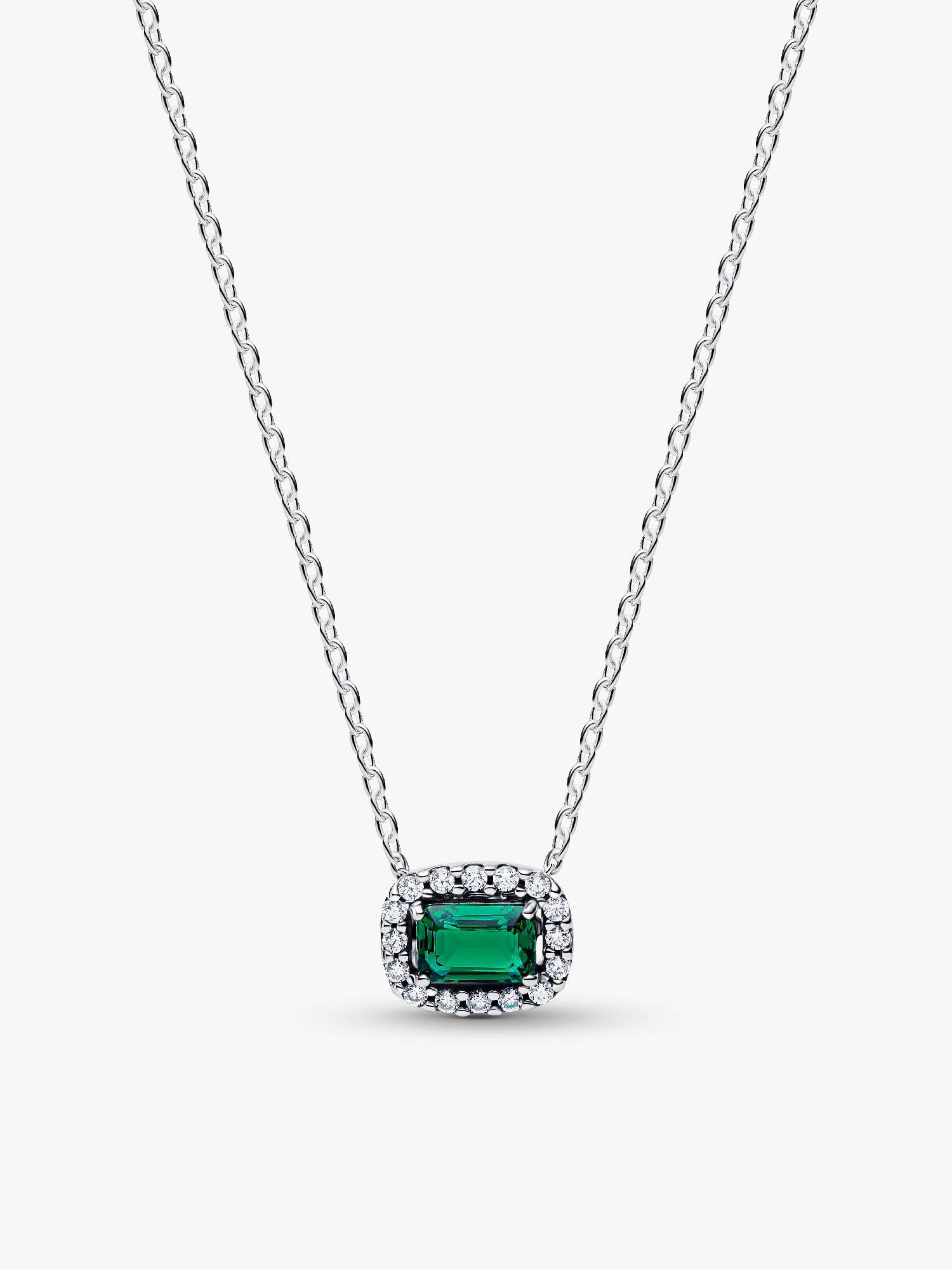 Rectangular Sparkling Green Halo Pendant Necklace