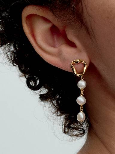 Organically Shaped Circle & Baroque Treated Freshwater Cultured Pearls Drop Earrings