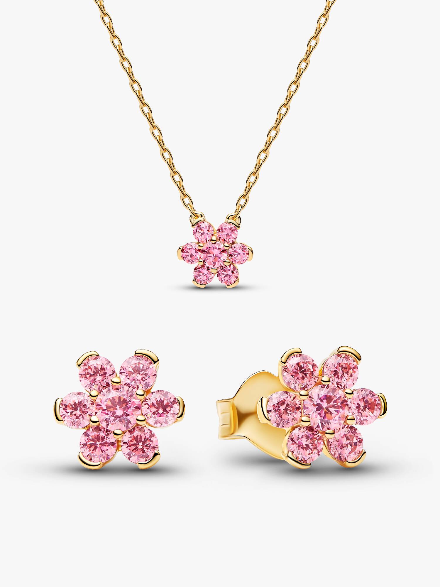 Gold Sparkling Pink Flower Necklace & Earrings Set