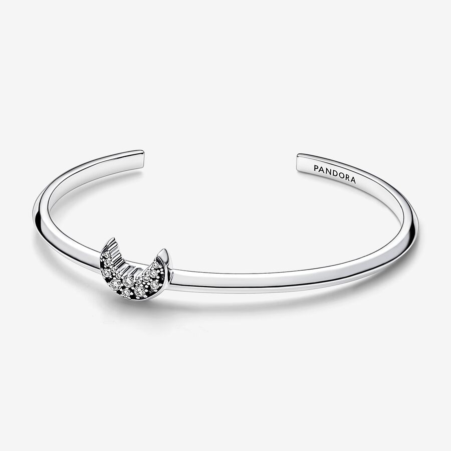 Moon sterling silver open bangle with clear cubic zirconia image number 0