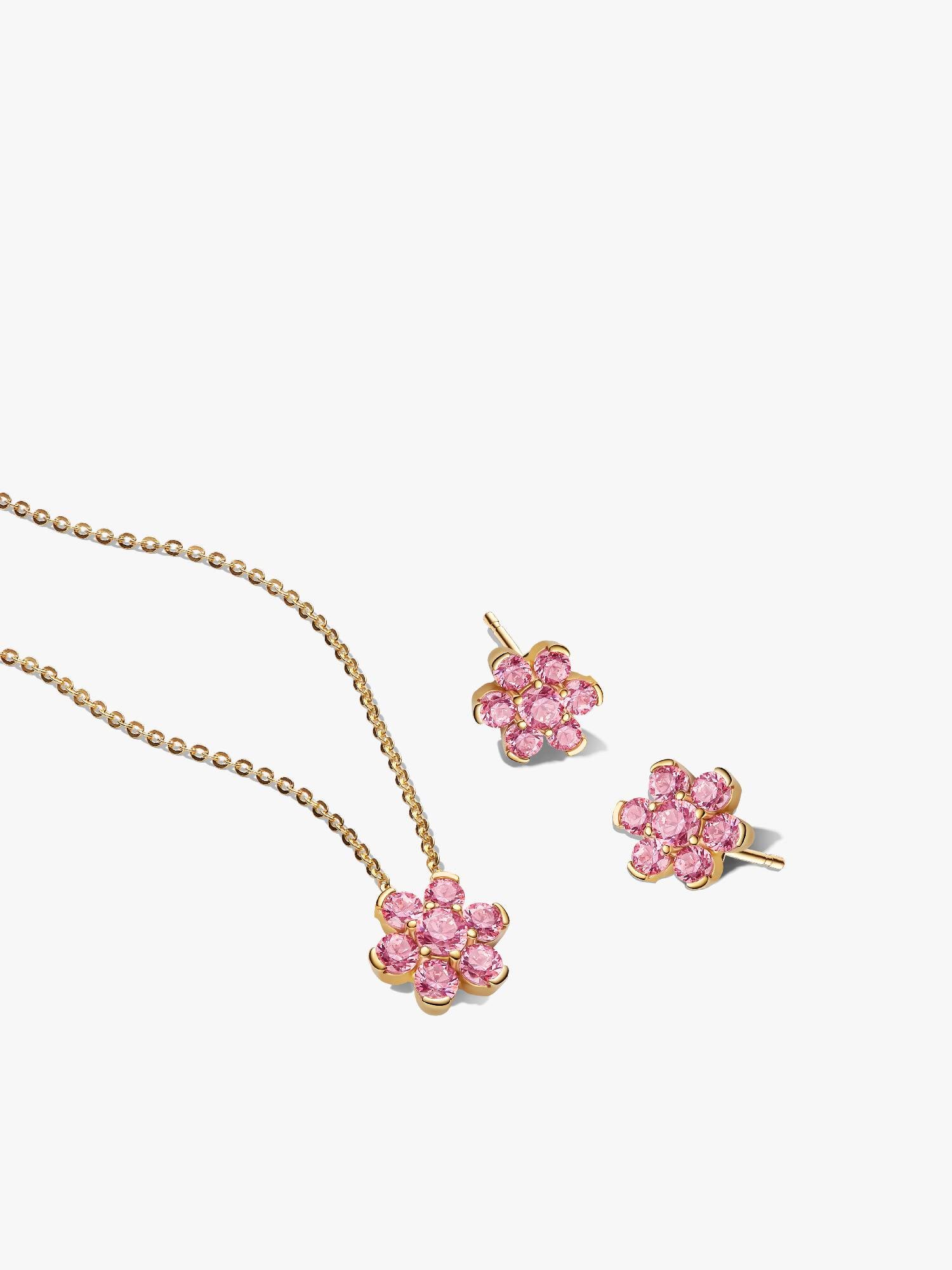 Gold Sparkling Pink Flower Necklace & Earrings Set
